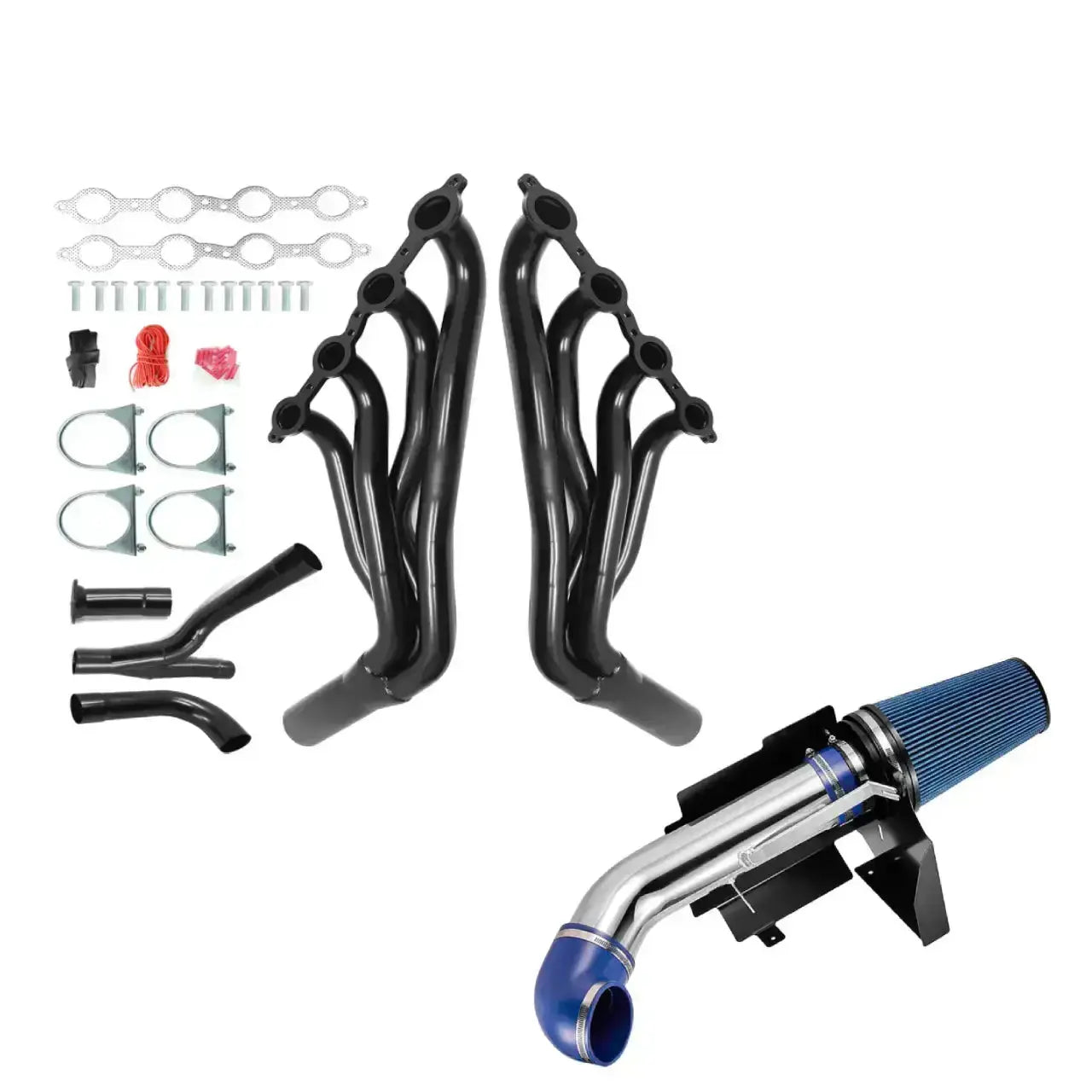 Exhaust Header/4" Cold Air Intake Kit All-In-One Kit for 1999-2006 Chevy/GMC GMT800 Silverado/Sierra/Avalanche 1500 Y-Pipe 2WD 4.8L 5.3L 6.0L Flashark