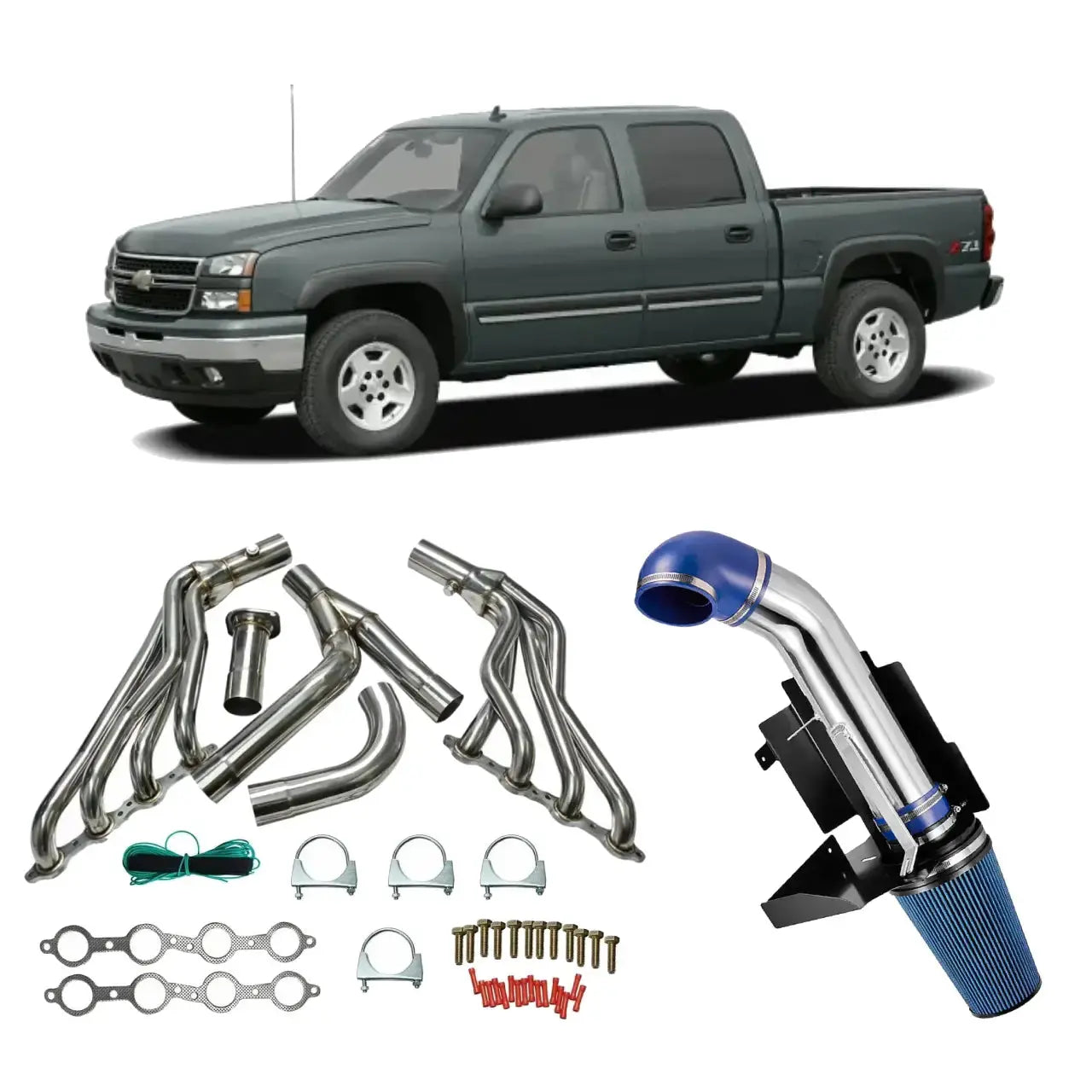 Exhaust Header/4" Cold Air Intake Kit All-In-One Kit for 1999-2006 Chevy/GMC GMT800 Silverado/Sierra/Avalanche 1500 Y-Pipe 2WD 4.8L 5.3L 6.0L Flashark