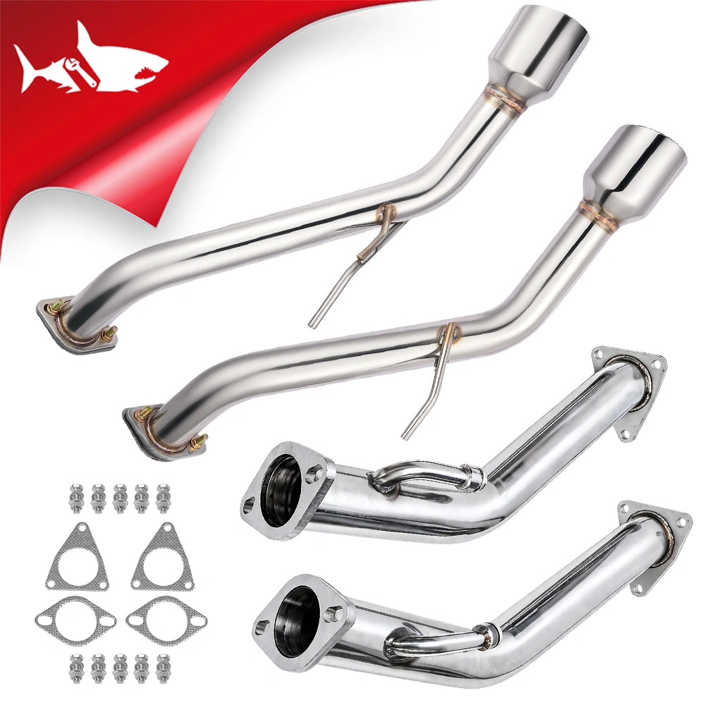 Complete Infiniti Q50 axle-back exhaust kit with two tailpipes, connecting pipes, flange gaskets, and fasteners