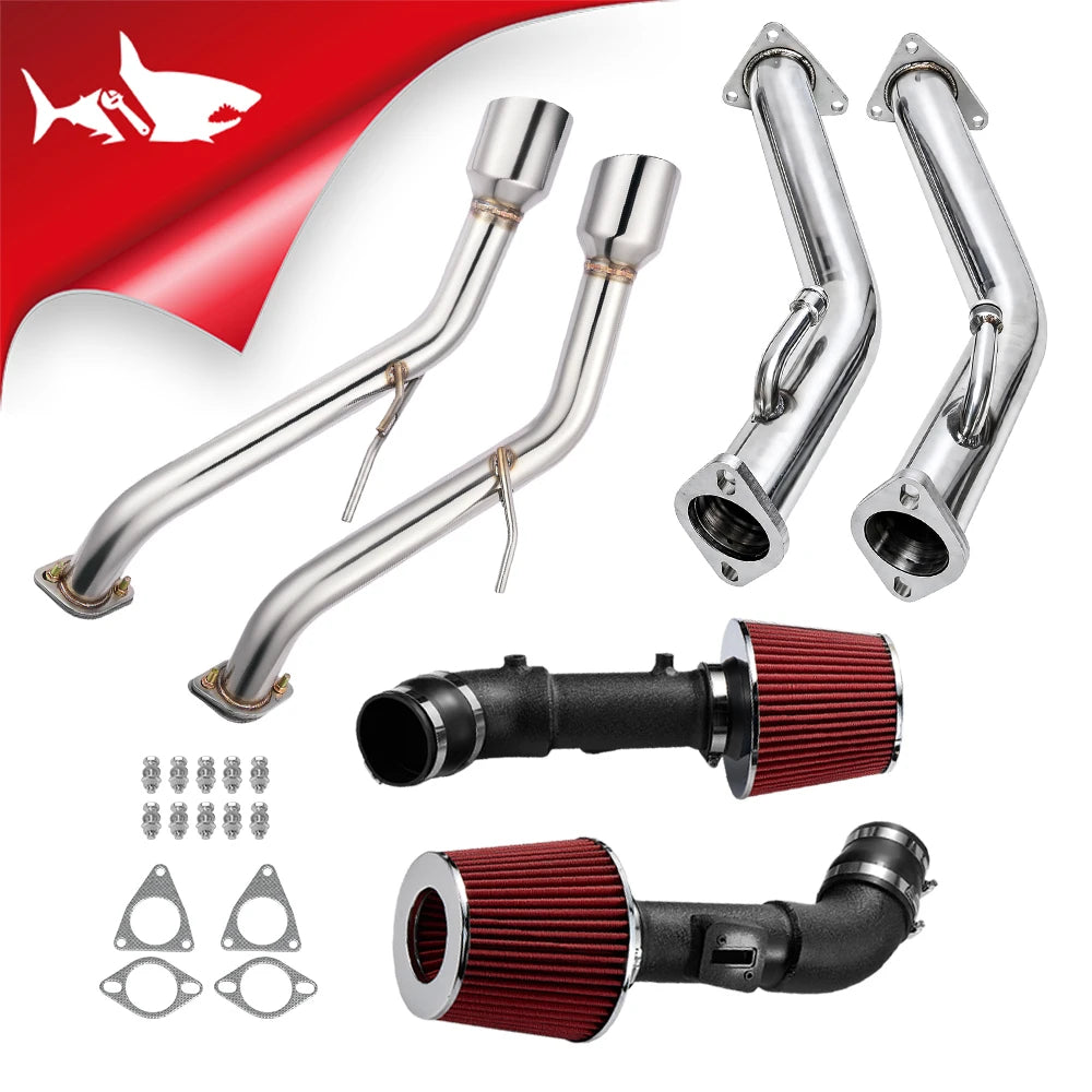 Polished axle-back tailpipe pair with flange gaskets and bolts for a 2014-2024 Infiniti Q50