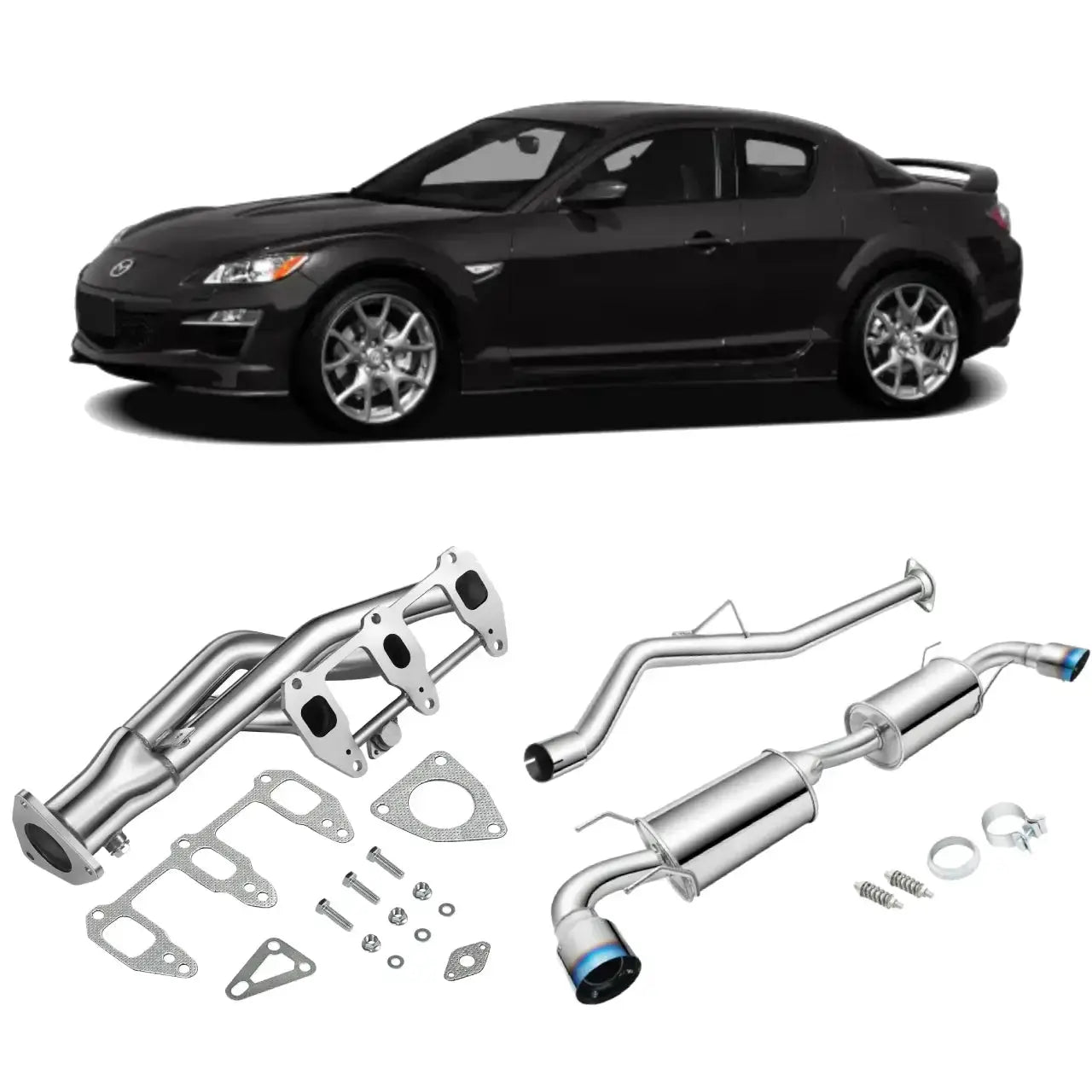 Exhaust Header/Catback Exhaust System w/ Dual Burnt Tip All-In-One Kit for 2004-2008 Mazda RX-8 1.3L Flashark