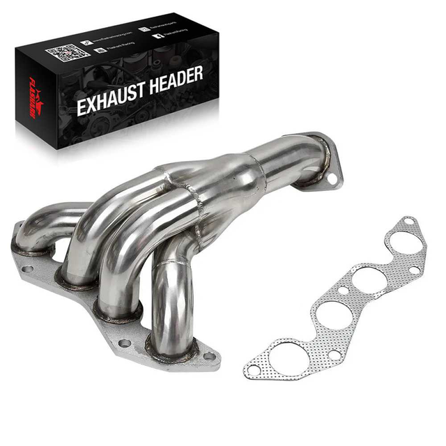 Short tube exhaust header with four mandrel-bent stainless steel primaries merging into a collector for 2001-2005 Honda Civic 1.7L D17A1 D17A2, shown with a four-port multi-layer steel gasket