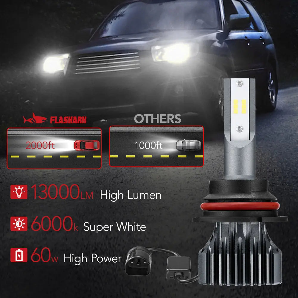S1 9004/HB1 60W 6000K 13000LM White IP67 LED Headlight Bulbs 2Pcs Flashark
