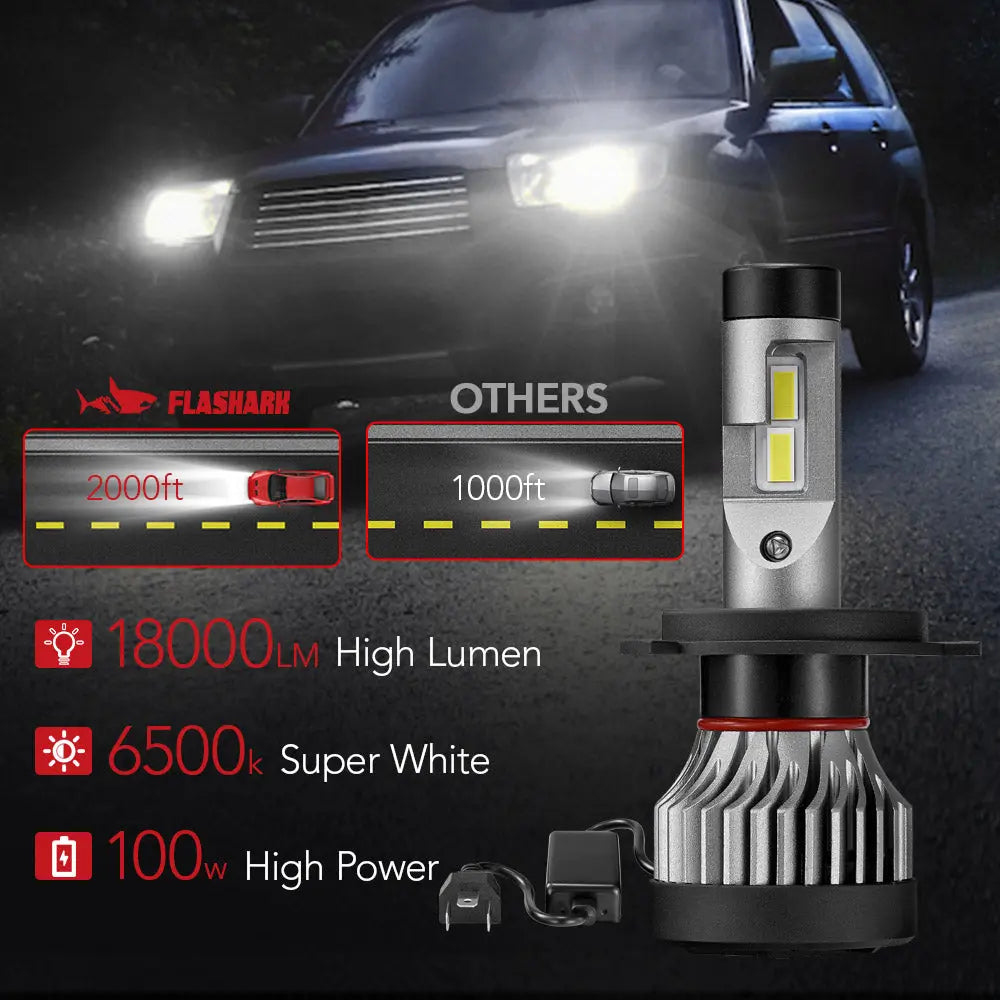 X2 H4/9003/HB2 100W 6500K 18000LM White IP67 LED Headlight Bulbs 2Pcs Flashark