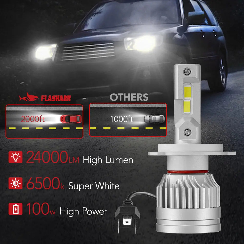 X3S 9003/H4/HB2 100W 6500K 24000LM White IP67 LED Headlight Bulbs 2Pcs Flashark