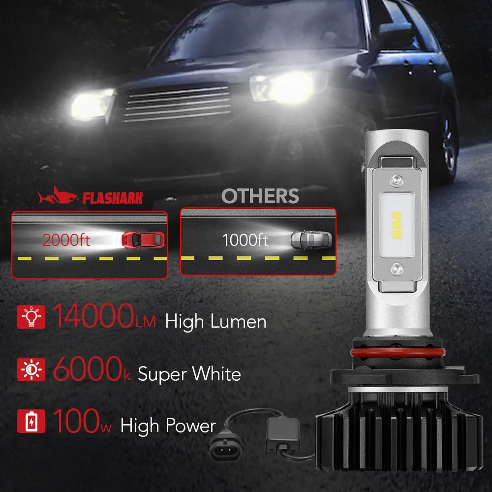 X1 9005/HB3 100W 6000K 14000LM White LED Headlight Bulbs 2Pcs Flashark