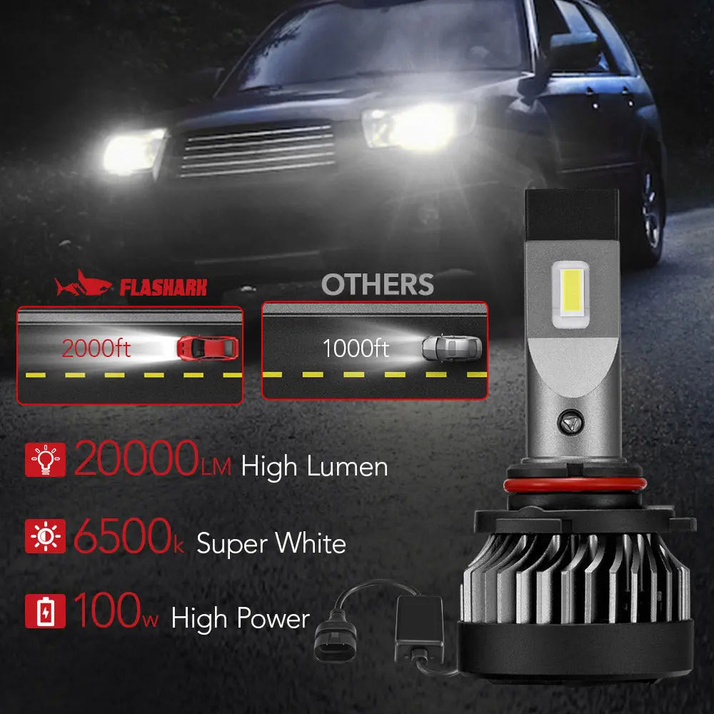 X2 9005/HB3 100W 6500K 20000LM White IP67 LED Headlight Bulbs 2Pcs Flashark