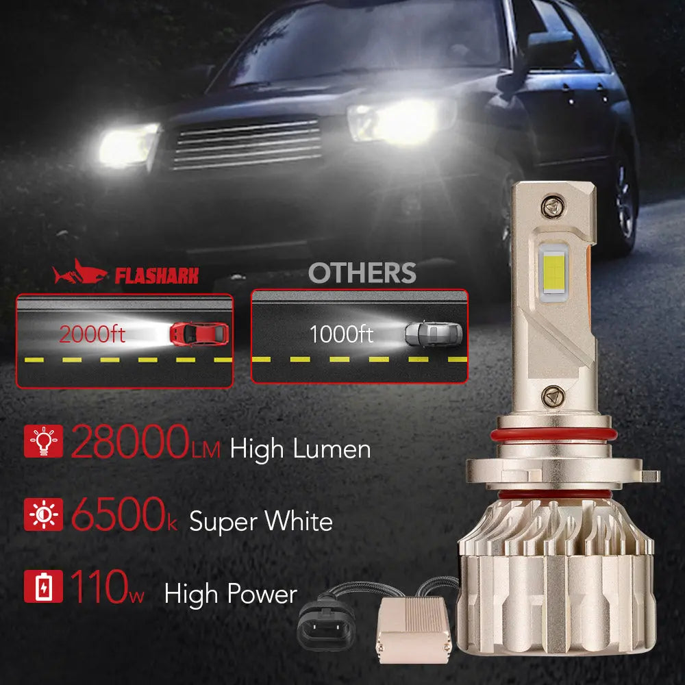 X4 9005/HB3 110W 6500K 28000LM White IP68 LED Headlight Bulbs 2Pcs Flashark