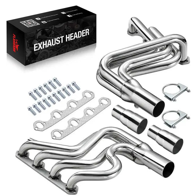 Pair of polished stainless 4-into-1 long tube headers for 1987-1996 Ford F150 F250 Bronco 5.8L V8, with four-port gaskets, reducer cones, band clamps and bolts
