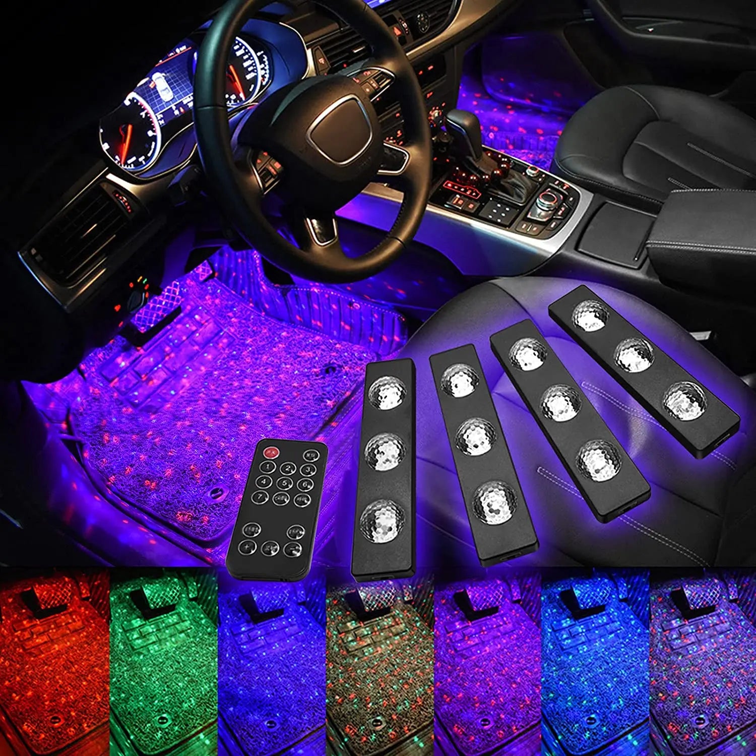 FLASHARK Car Interior LED Ambient Lights, USB Plug-in Stars Atmosphere Decorative Muti-Color Light underdash for Any Carpet Lighting kit (4 Packs with Remote and Sound Control) Flashark