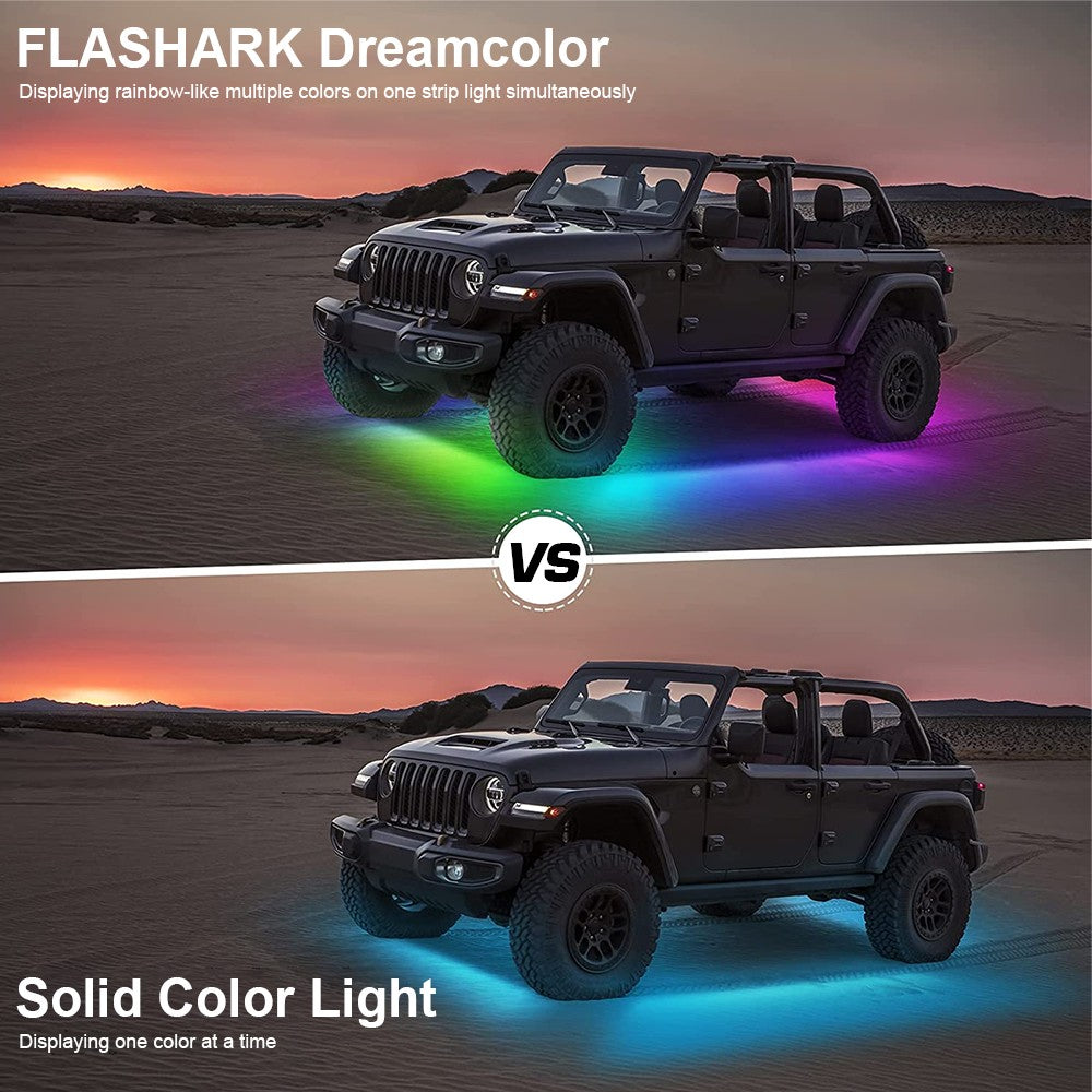 FLASHARK Car Magic Color Gradient RGB Led Lights Underglow Lights Strip Kit with App Control, Sound Active Function And Wireless Remote Control (4 PCs LED Chassis Light Strips w/ 6FT Extension Wire & Cable Tie) Flashark