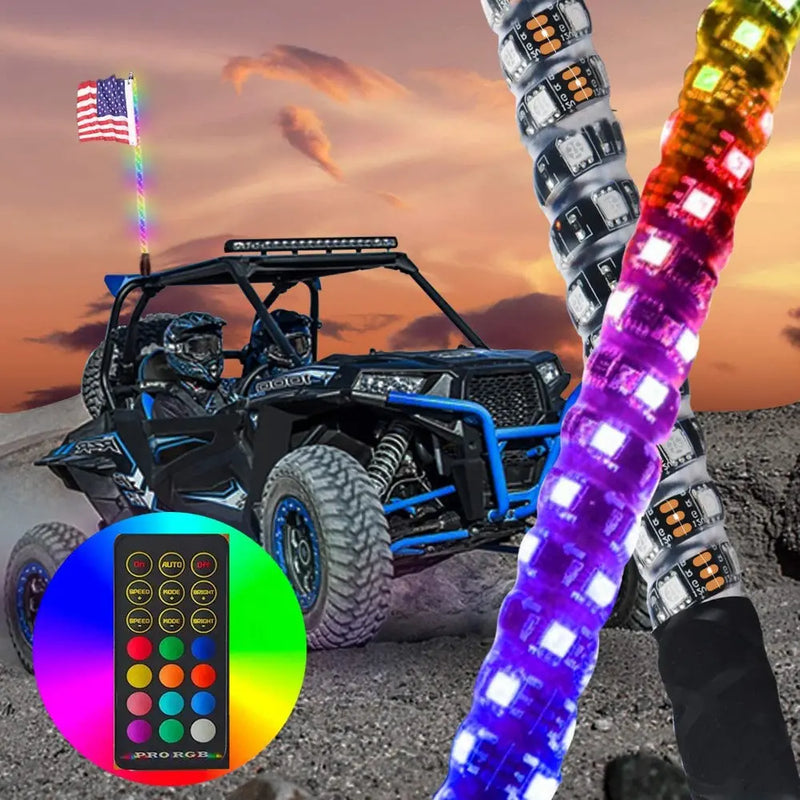 FLASHARK UTV RZR 2pcs 3ft LED Whip Light with Remote Control Spiral RGB Chase Light Offroad 360°Spiraling Rising Dream Wrapped Dancing Whips Flashark