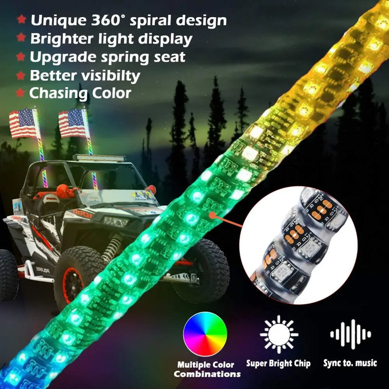 FLASHARK UTV RZR 2pcs 3ft LED Whip Light with Remote Control Spiral RGB Chase Light Offroad 360°Spiraling Rising Dream Wrapped Dancing Whips Flashark