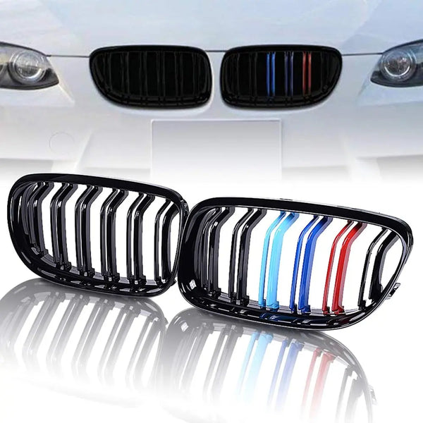 FLASHARK runmade Glossy Black M-Color Double Line Front Kidney Grille Grill Compatible with BMW 2009-2012 E90 E91 323i 325i 328i 330i 335i LCI Sedan Flashark