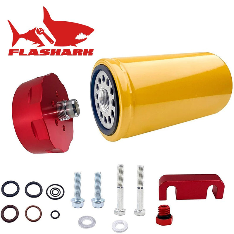 Flashark 2001-2016 Chevy GMC Duramax LB7/LLY/LBZ/LMM/LML Diesel Fuel Filter & Adapter Kit（Red） Flashark