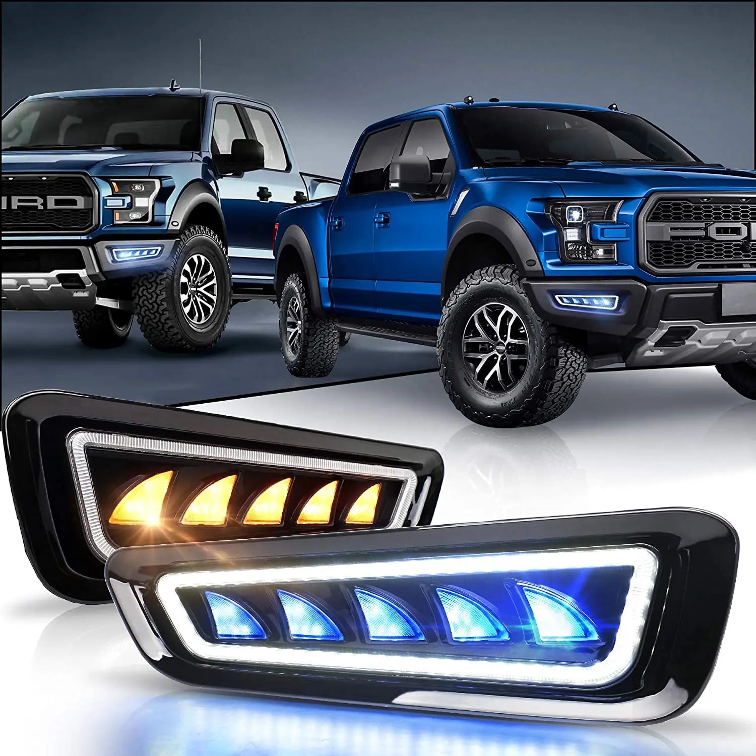 Flashark Fog Lights with Blue/White LED Daytime Running Light Amber Sequential Turn Signals Compatible for Ford F150 Raptor 2017-2020 (2 packs) Flashark