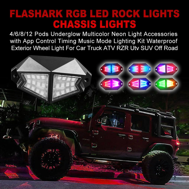 Flashark RGB LED Rock Lights,Chassis Lights, 4/6/8/12 Pods Underglow Multicolor Neon Light Accessories with App Control Timing Music Mode Lighting Kit Waterproof Exterior Wheel Light For Car Truck ATV RZR Utv SUV Off Road Flashark