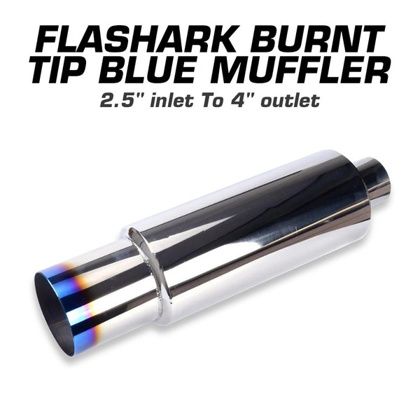 Flashark Universal Fit N1 Flat Muffler exhaust tip Polished Stainless Steel Burnt Tip Blue Muffler 2.5" inlet 4" outlet Flashark