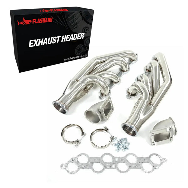 LS Turbo Exhaust Header Manifold For LSX, LS1, LS2, LS3, LS6 GM V8+Elbows T3 T4 to 3.0" V Band Flashark