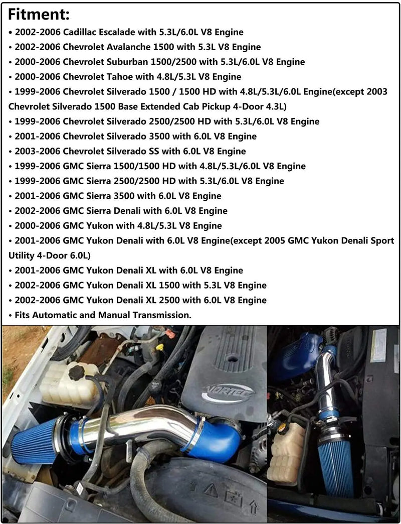 SPELAB 4" Cold Air Intake Kit For 1999-2006 GMC Chevrolet 4.8L 5.3L 6.0L V8 Engine SPELAB